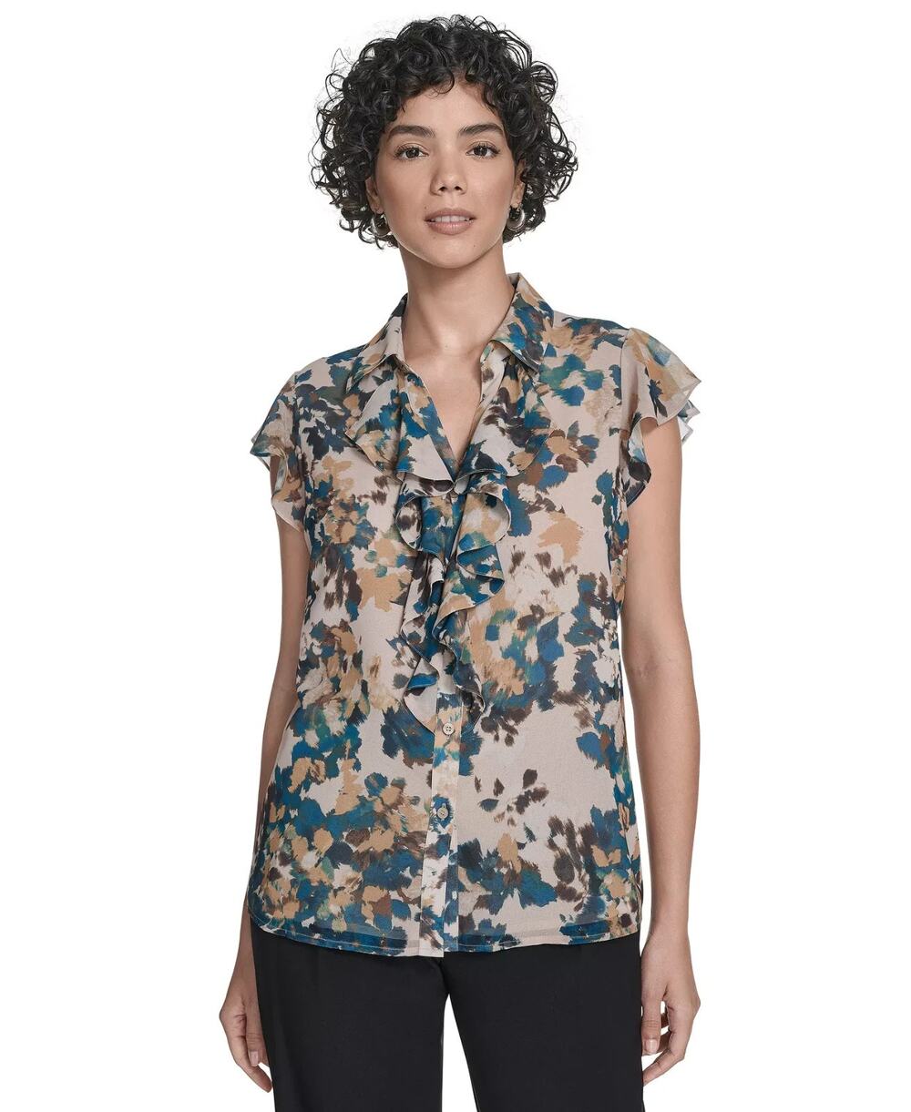 Calvin Klein Women's Printed Flutter-Sleeve Ruffle Blouse Multi Size L 2221